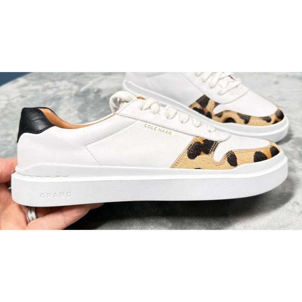 Cole Haan Grand Sneakers Womens 7.5 White Leopard Calf Hair Platform